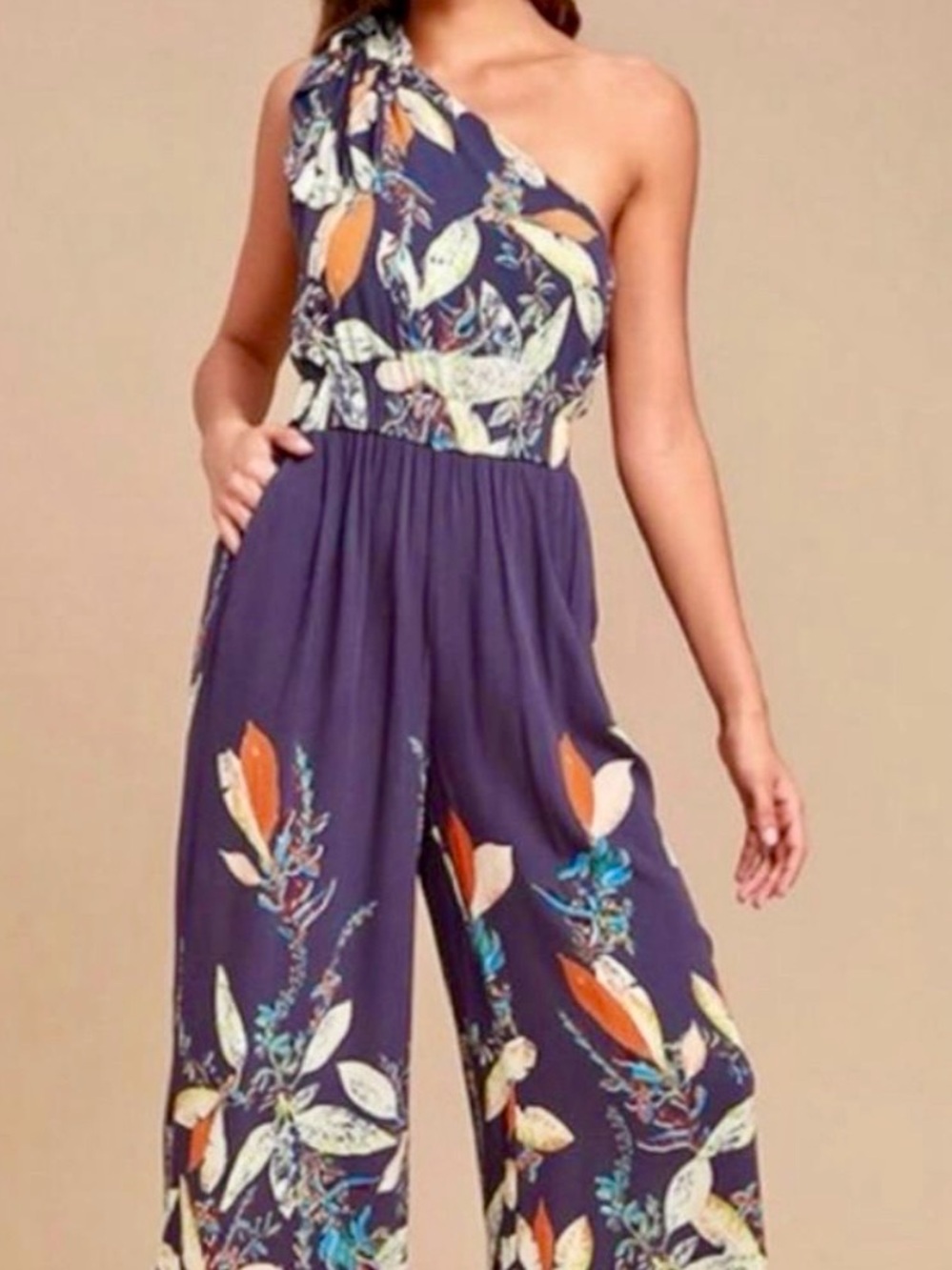 Free People One-Shoulder Navy Floral Jumpsuit with Orange Accents